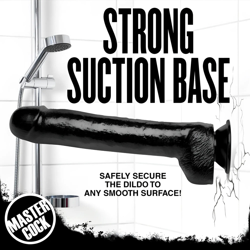 Master Cock The Black Destroyer dildo in black with a textured surface and large suction base attached to a tiled wall.
