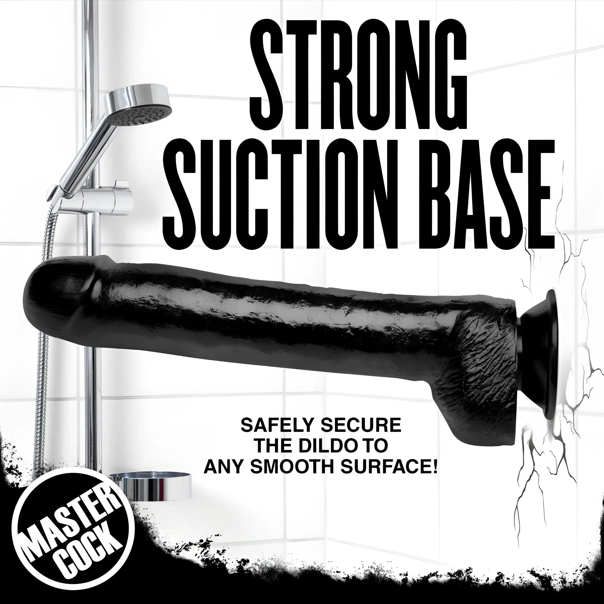 Master Cock The Black Destroyer dildo in black with a textured surface and large suction base attached to a tiled wall.