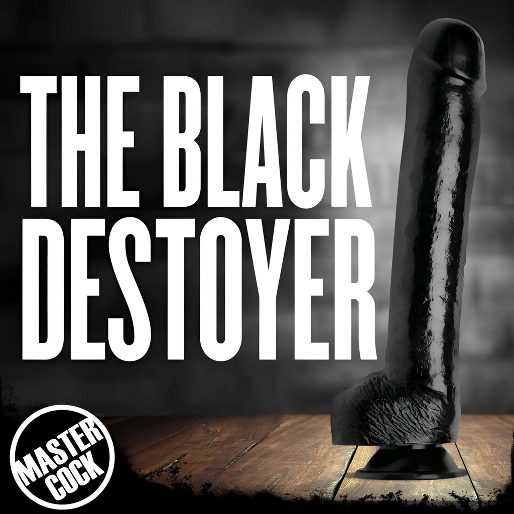 Master Cock The Black Destroyer dildo: a large, realistic, black textured phallic toy with a suction cup base.