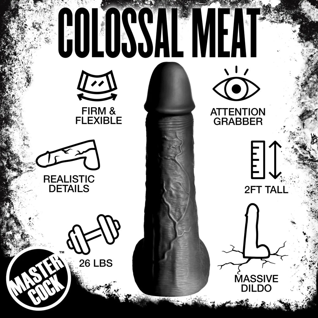 Master Cock Black Moby 2-foot dildo with realistic veins, shown against a descriptive infographic with product features.