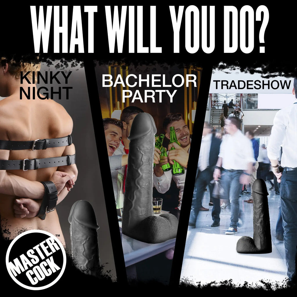 Black Master Cock Moby 2-foot dildo depicted in three lifestyle scenarios: kinky night, bachelor party, and tradeshow.