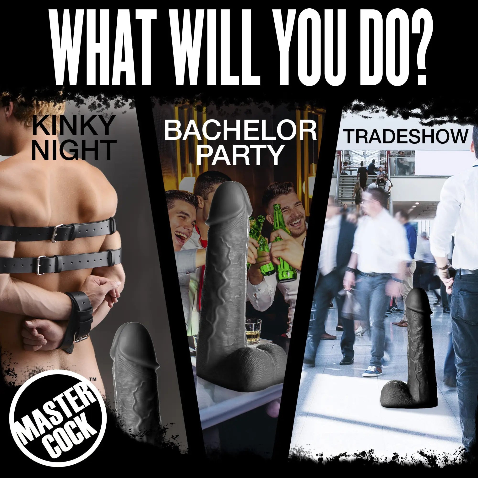 Black Master Cock Moby 2-foot dildo depicted in three lifestyle scenarios: kinky night, bachelor party, and tradeshow.