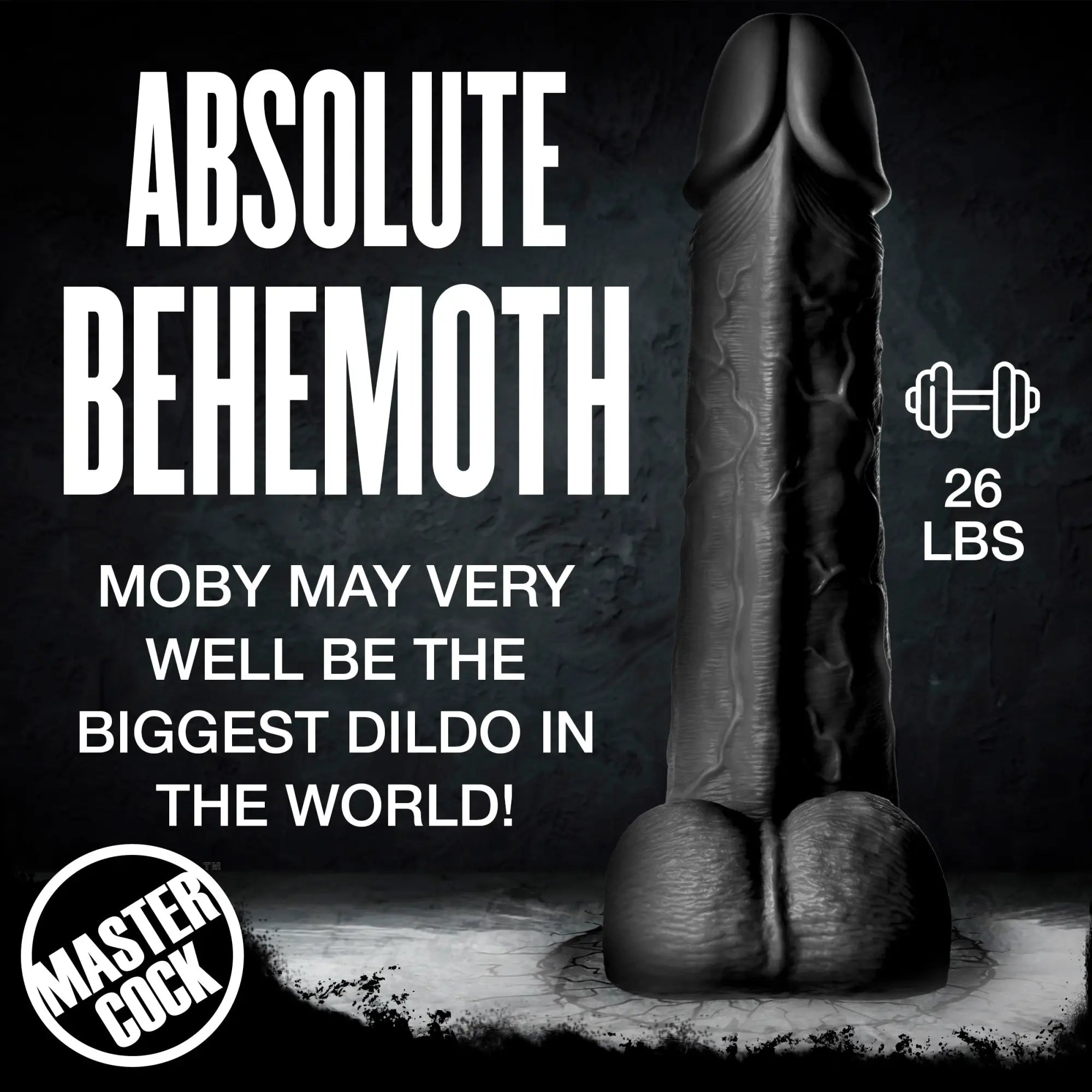 Master Cock Moby: A massive, black, two-foot-tall textured dildo standing upright against a dark, descriptive background.