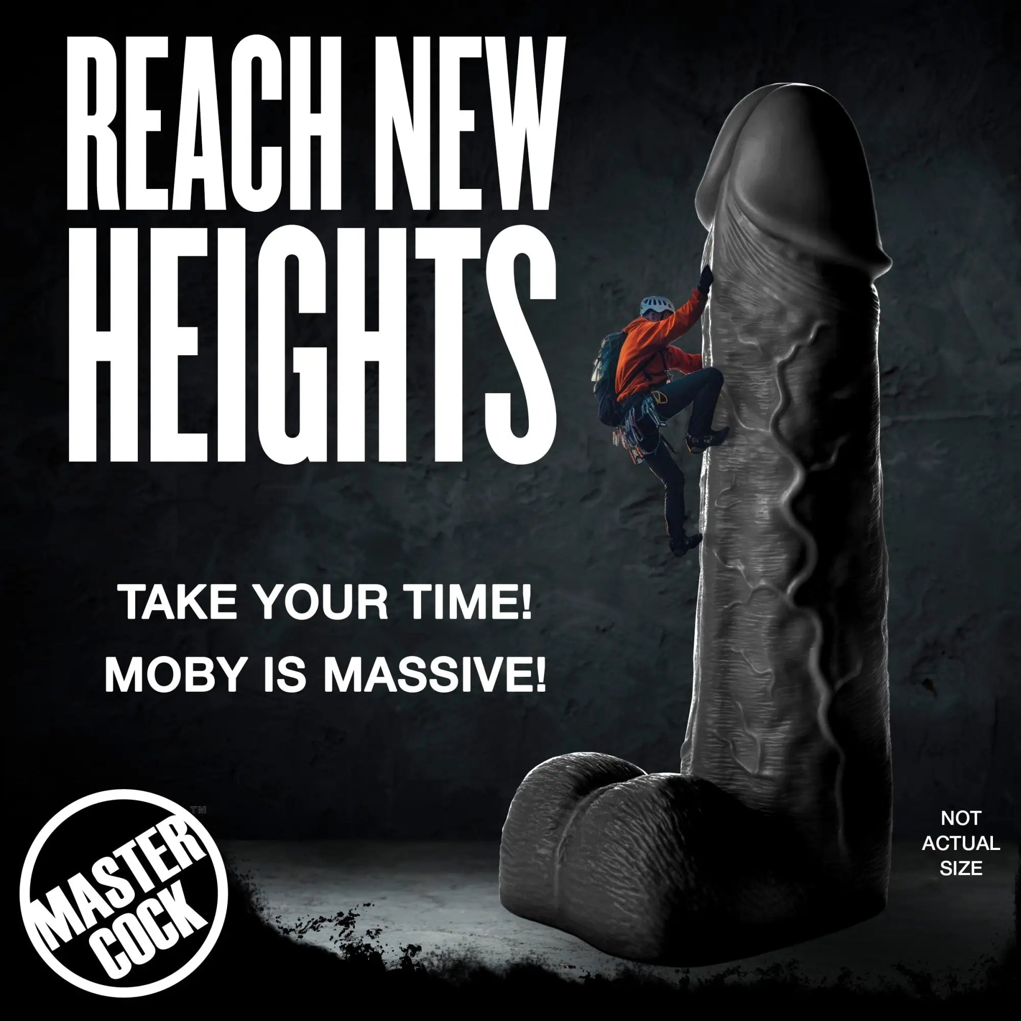 Master Cock Black Moby 2-foot dildo ad featuring a rock climber scaling the massive, textured black phallic product.