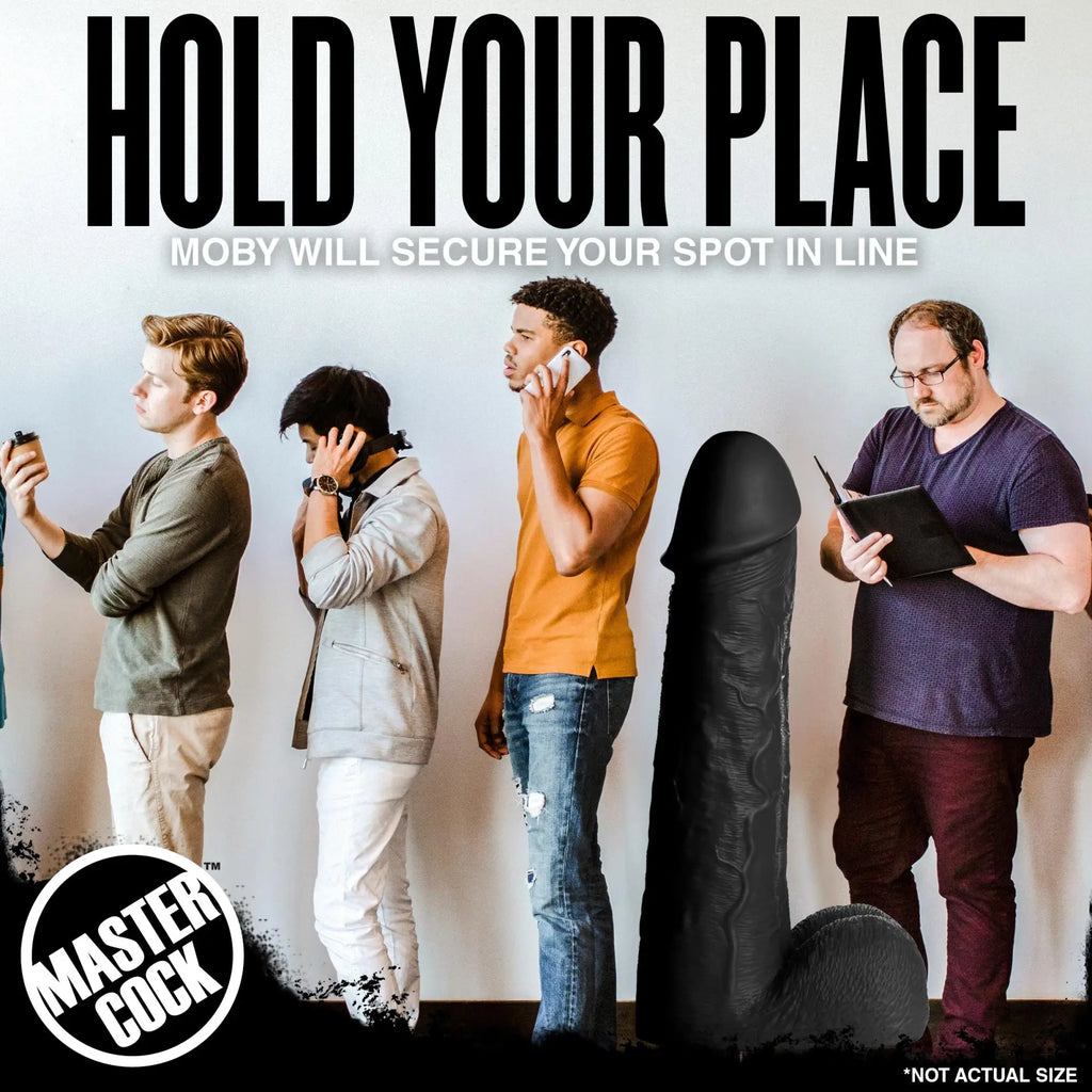 A Master Cock black Moby dildo stands in a line with people against a white wall. Ad text reads, "HOLD YOUR PLACE."
