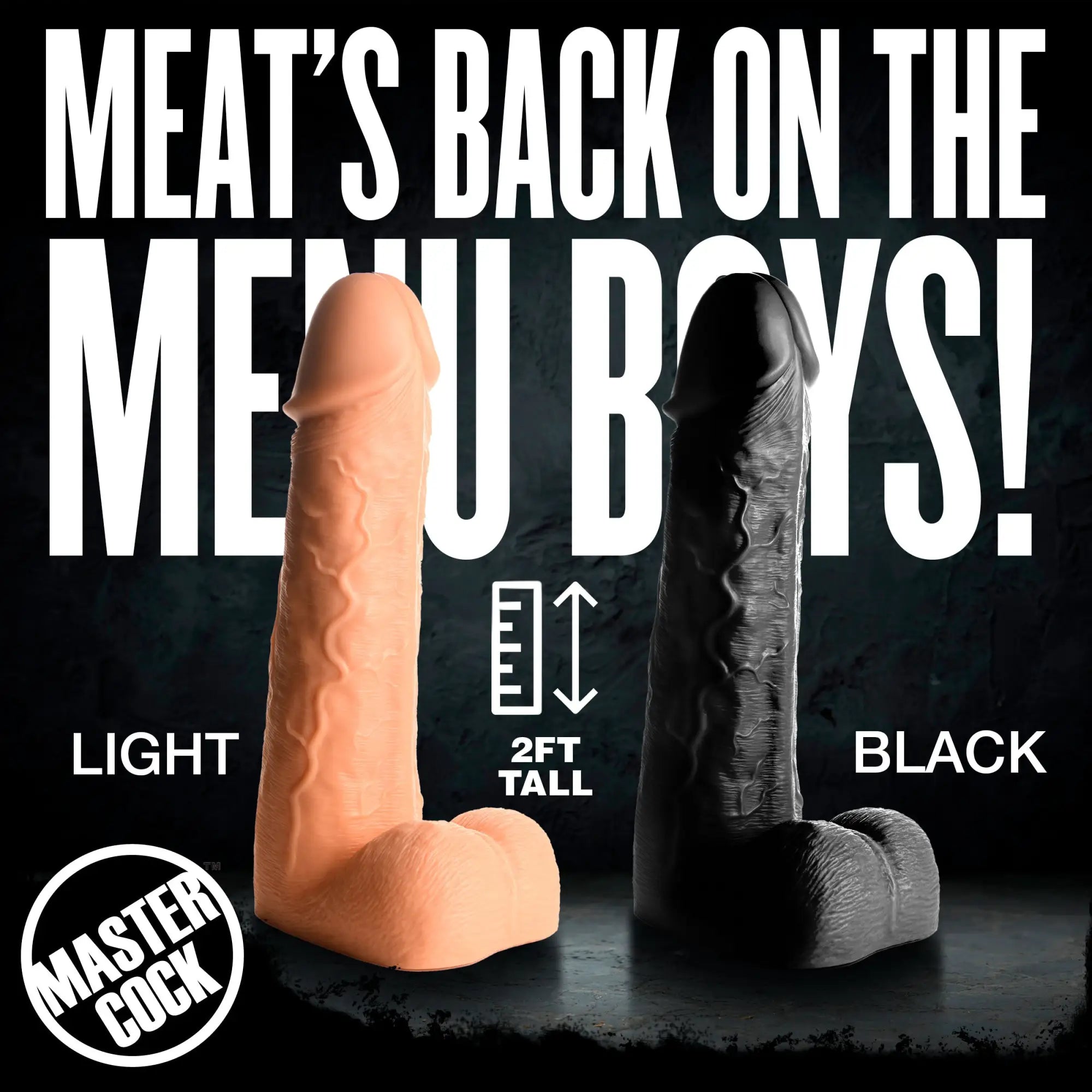 Two Master Cock Moby 2-foot tall textured dildos in light and black colors on a dark background.