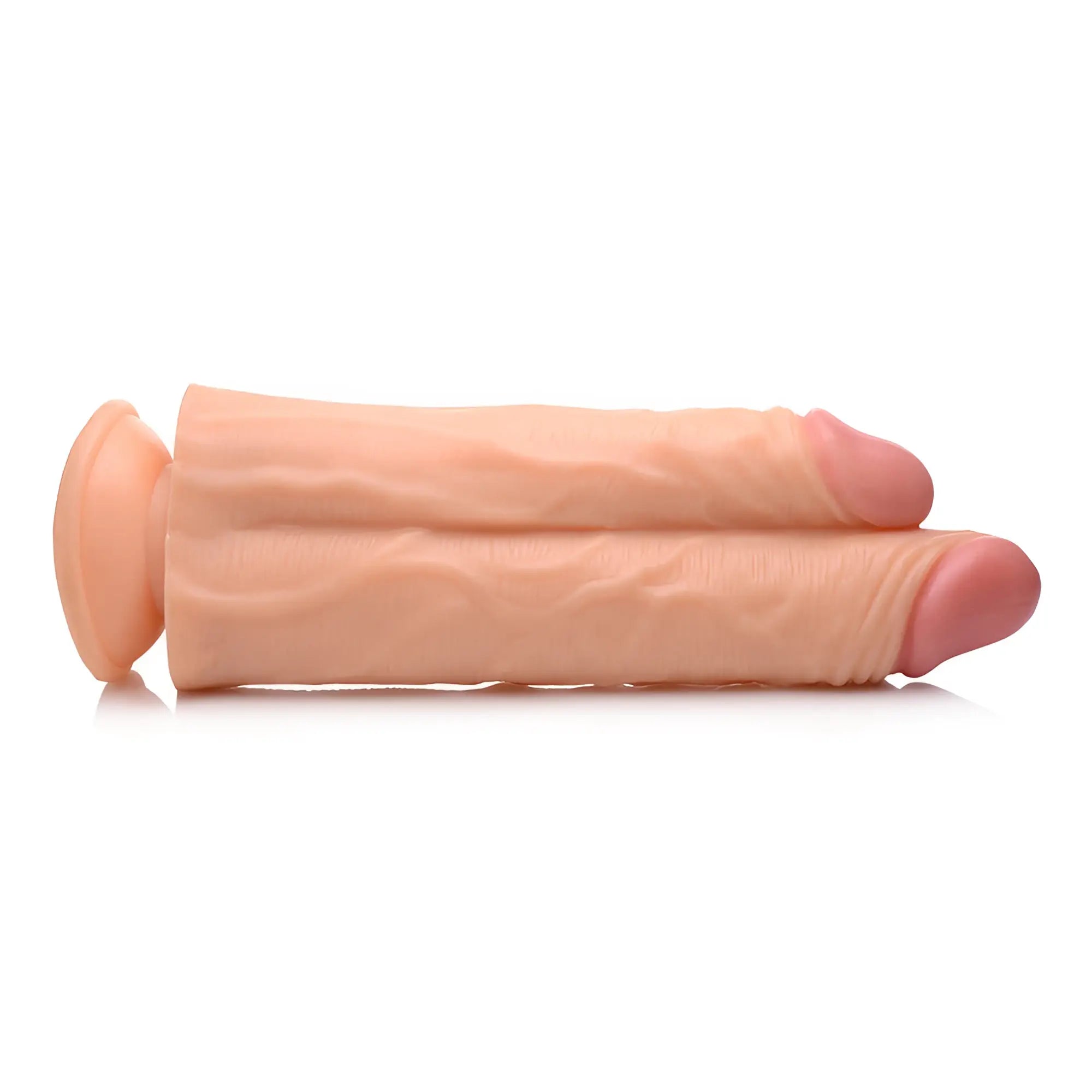 Master Cock Double Stuffer 10-inch dildo in a realistic, light skin tone with dual shafts and textured veining.