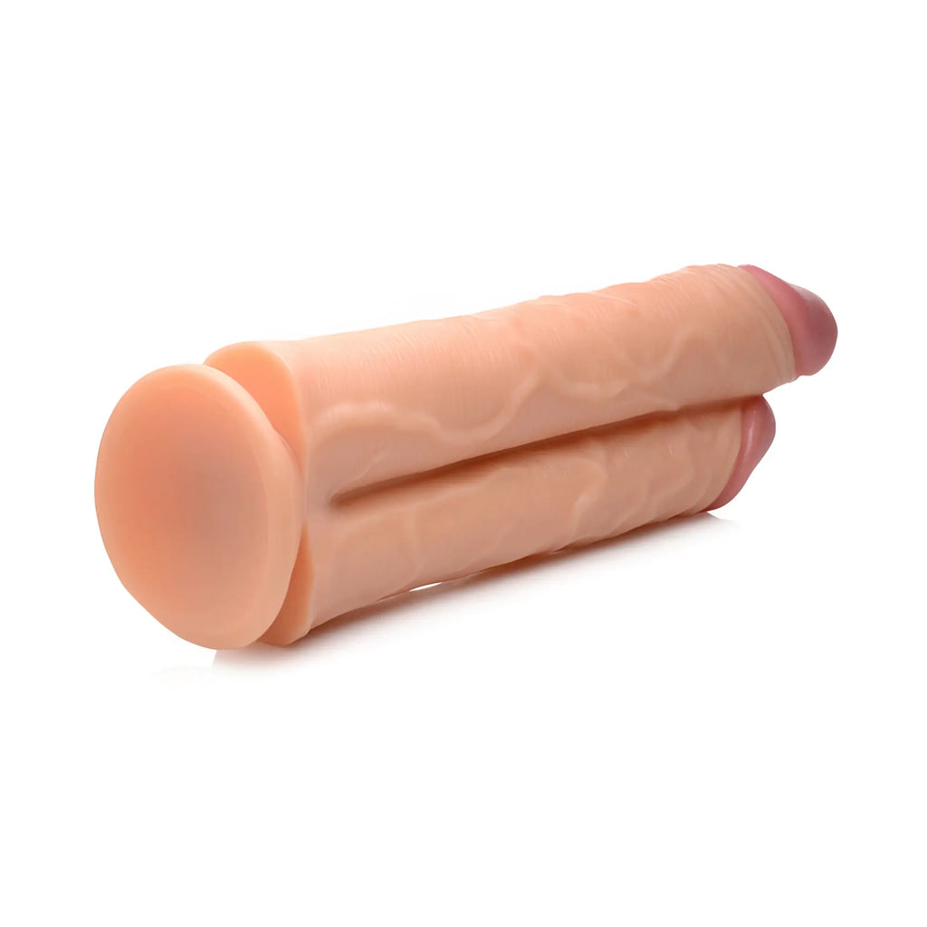 Master Cock Double Stuffer 10-inch dildo: a realistic, tan, dual-shaft suction cup toy with textured vein detailing.