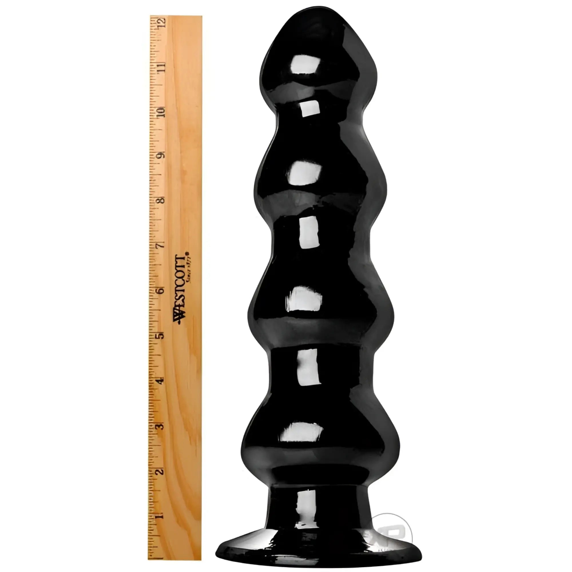 Master Cock Four Stage Rocket butt plug in glossy black, featuring four graduated beads next to a 12-inch ruler.