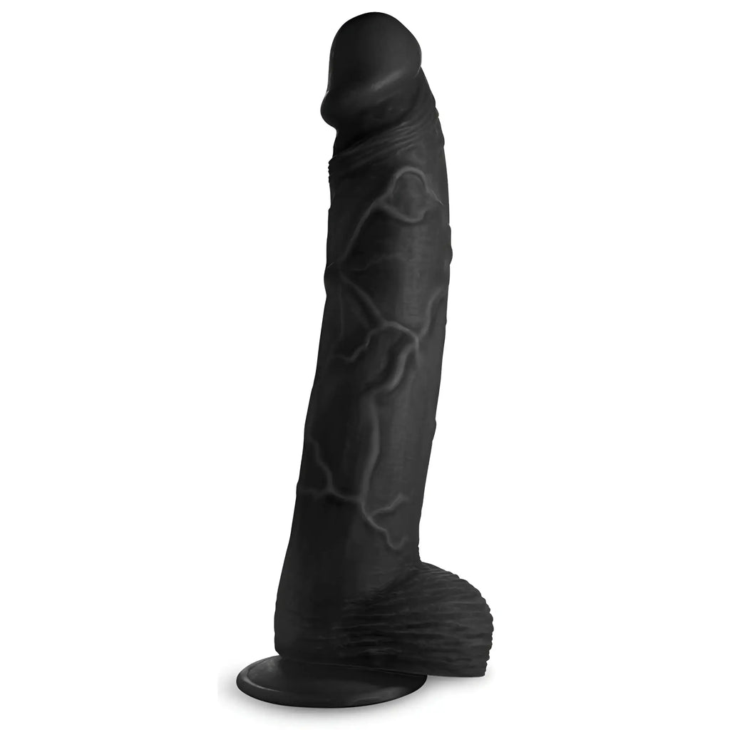 Master Cock Hung Harry 11.75-inch black dildo featuring a realistic, veined shaft and integrated testicles.