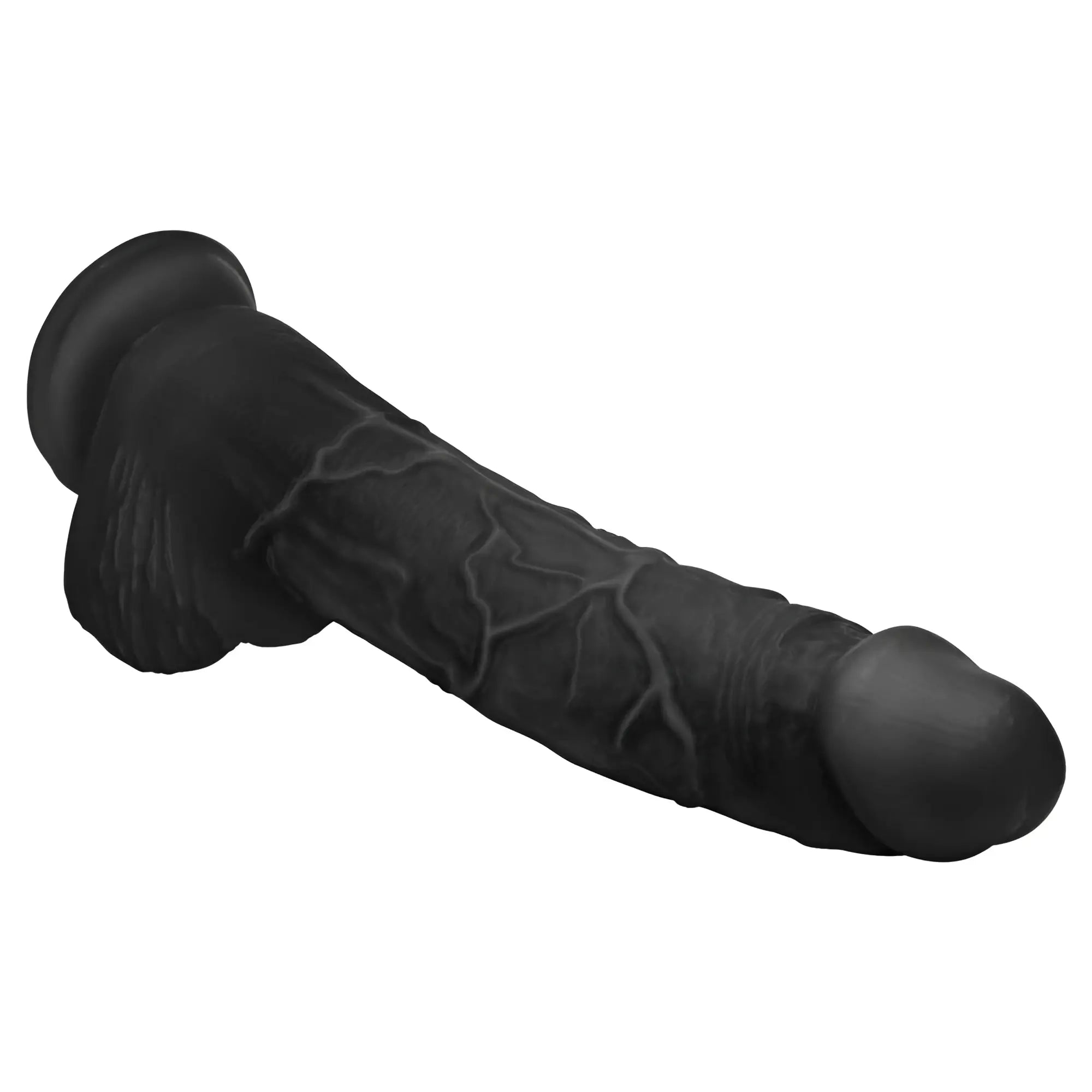 Master Cock Hung Harry 11.75-inch black realistic dildo with textured veins, defined head, and base balls.