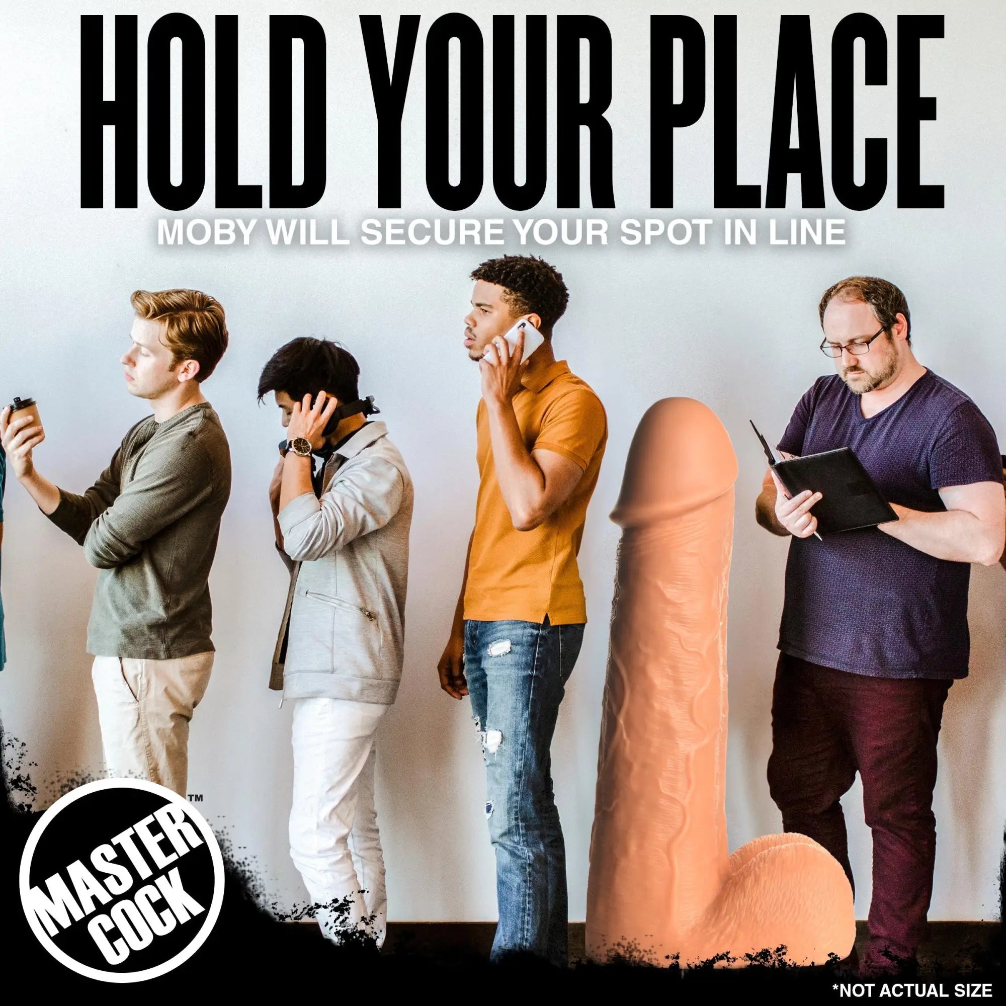 Master Cock Light Moby Huge: A giant, light-skinned, 2-foot tall phallic dildo standing in a line with four men.