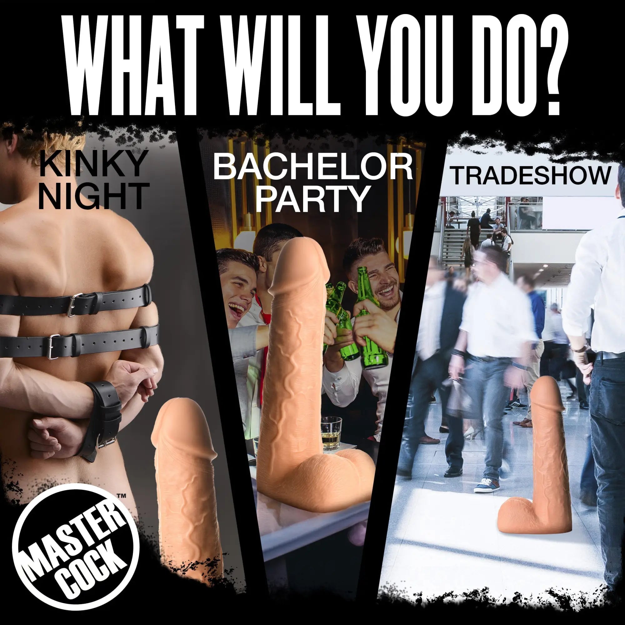 Master Cock Moby Huge 2-foot tall realistic skin-toned dildo shown in three different lifestyle scenarios.