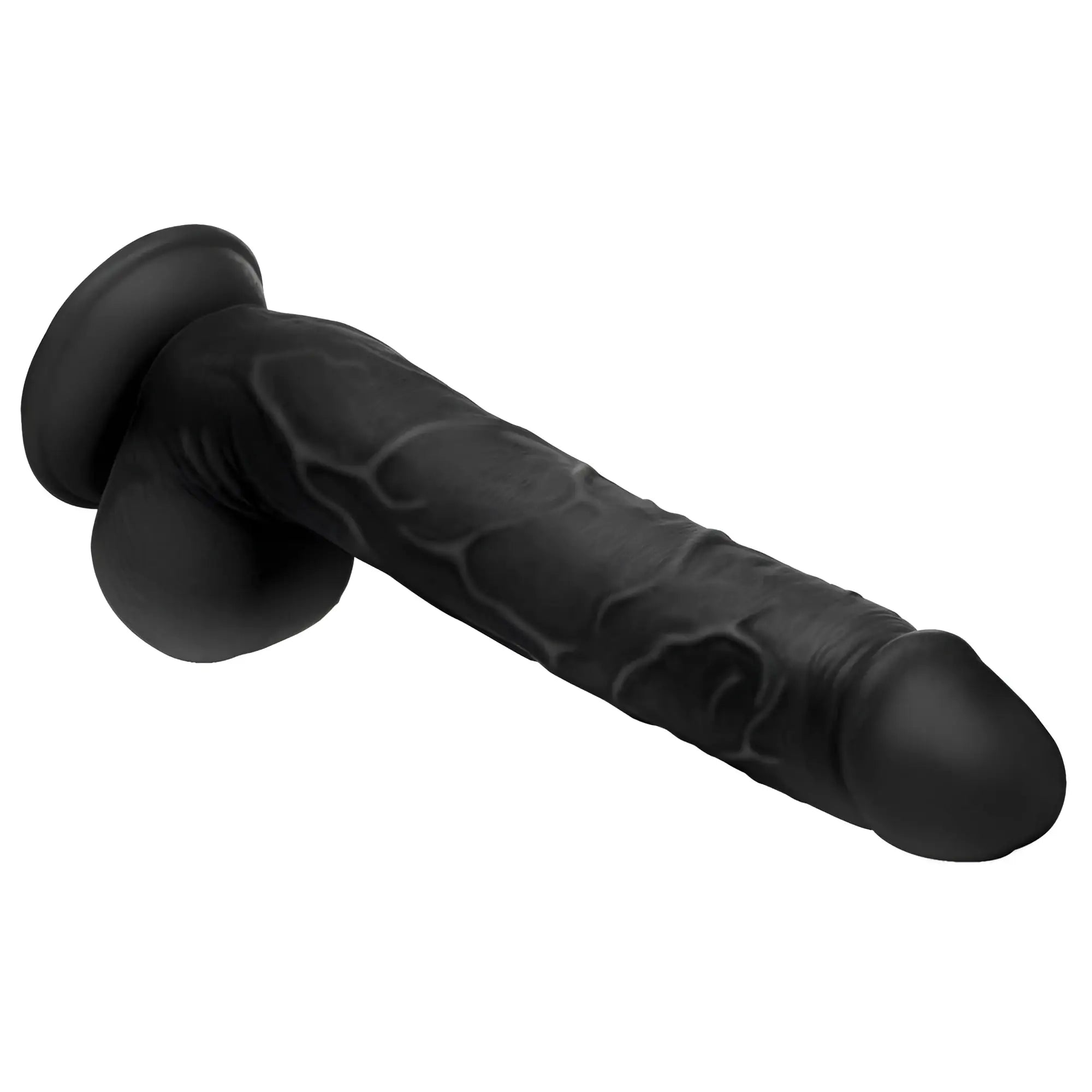 Black Master Cock Logan 10-inch realistic dildo with textured veins, rounded tip, and integrated base with balls.