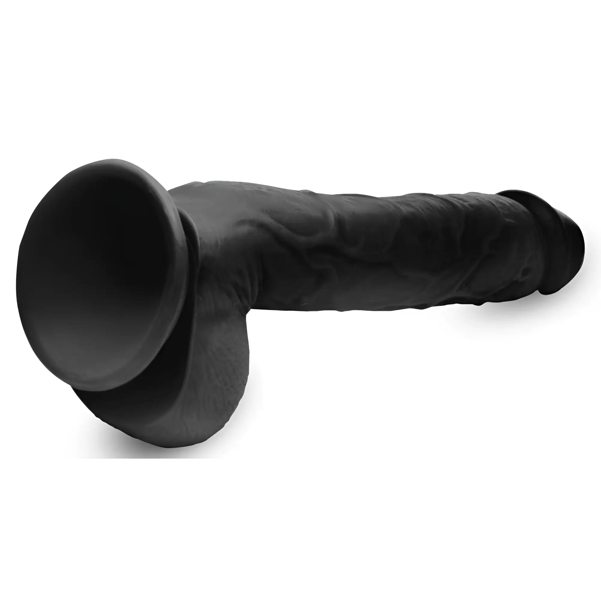 Master Cock Long Logan 10-inch black dildo with realistic textured shaft, defined head, and base with integrated balls.