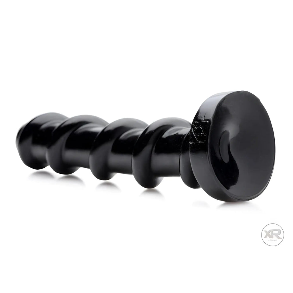 Master Cock Mighty Screw 9.5-inch dildo: a shiny, black, spiral-shaped phallic toy with a flat suction cup base.