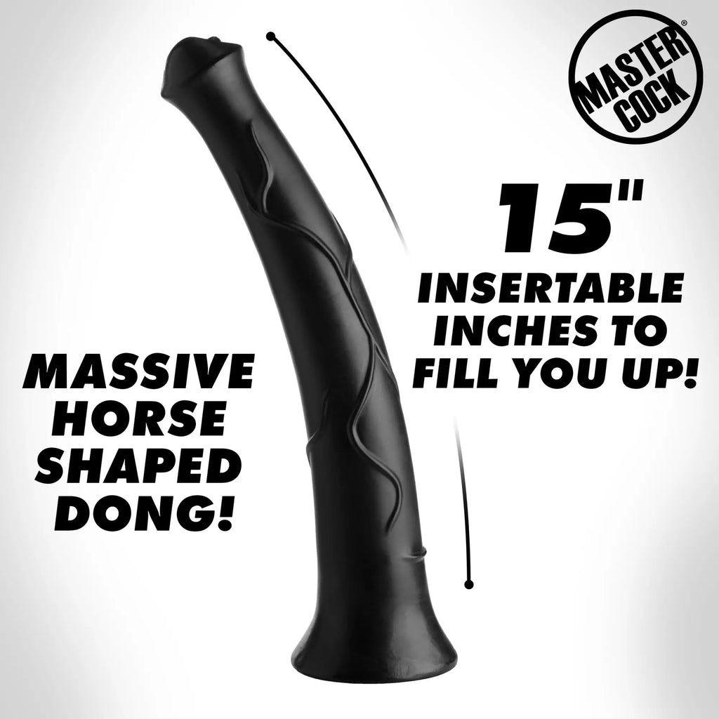 Master Cock Pony Boy: A matte black, 17-inch horse-shaped dildo with textured vein detailing and a flared base.