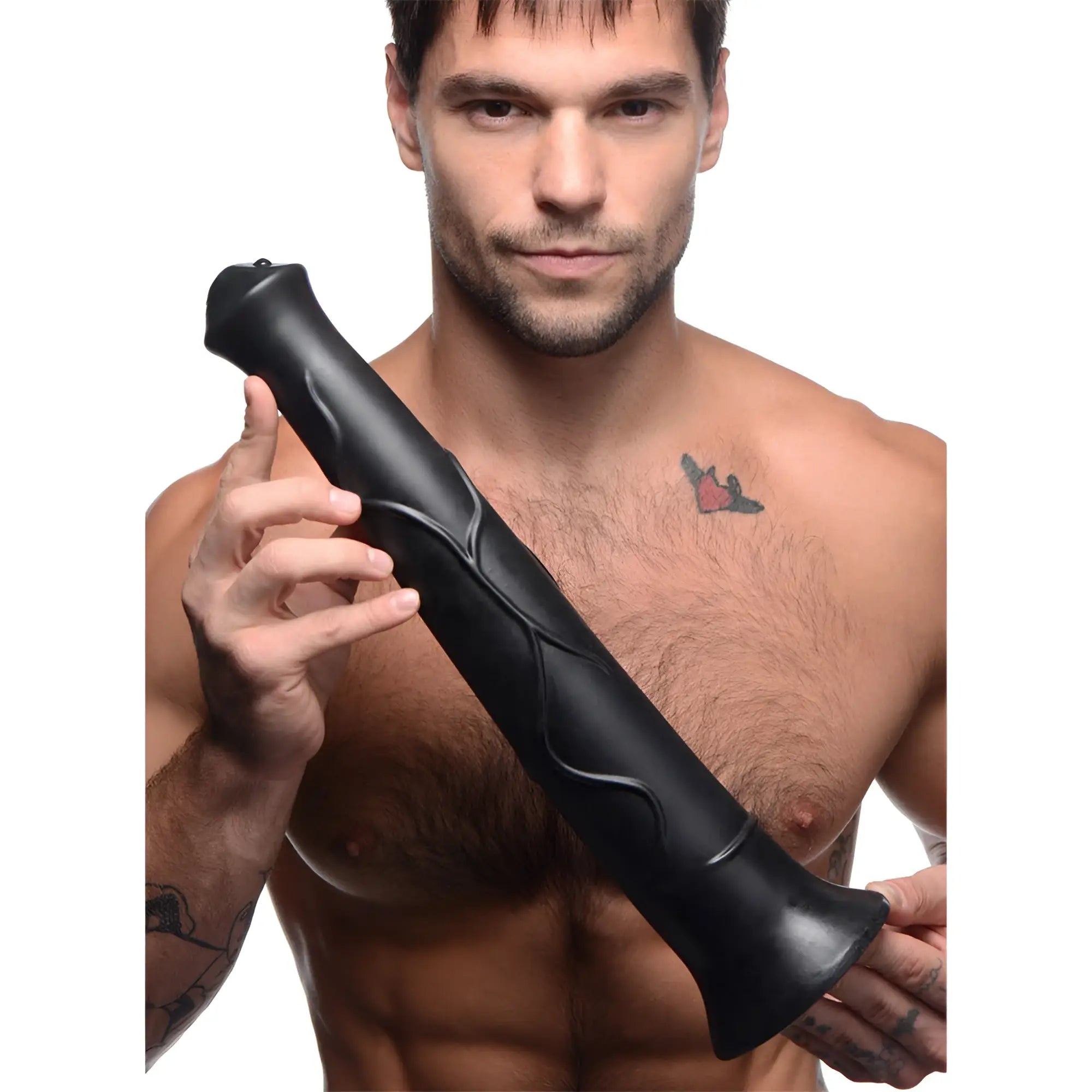 A shirtless man holding a 17-inch, black, textured Master Cock Pony Boy horse dildo against a white background.