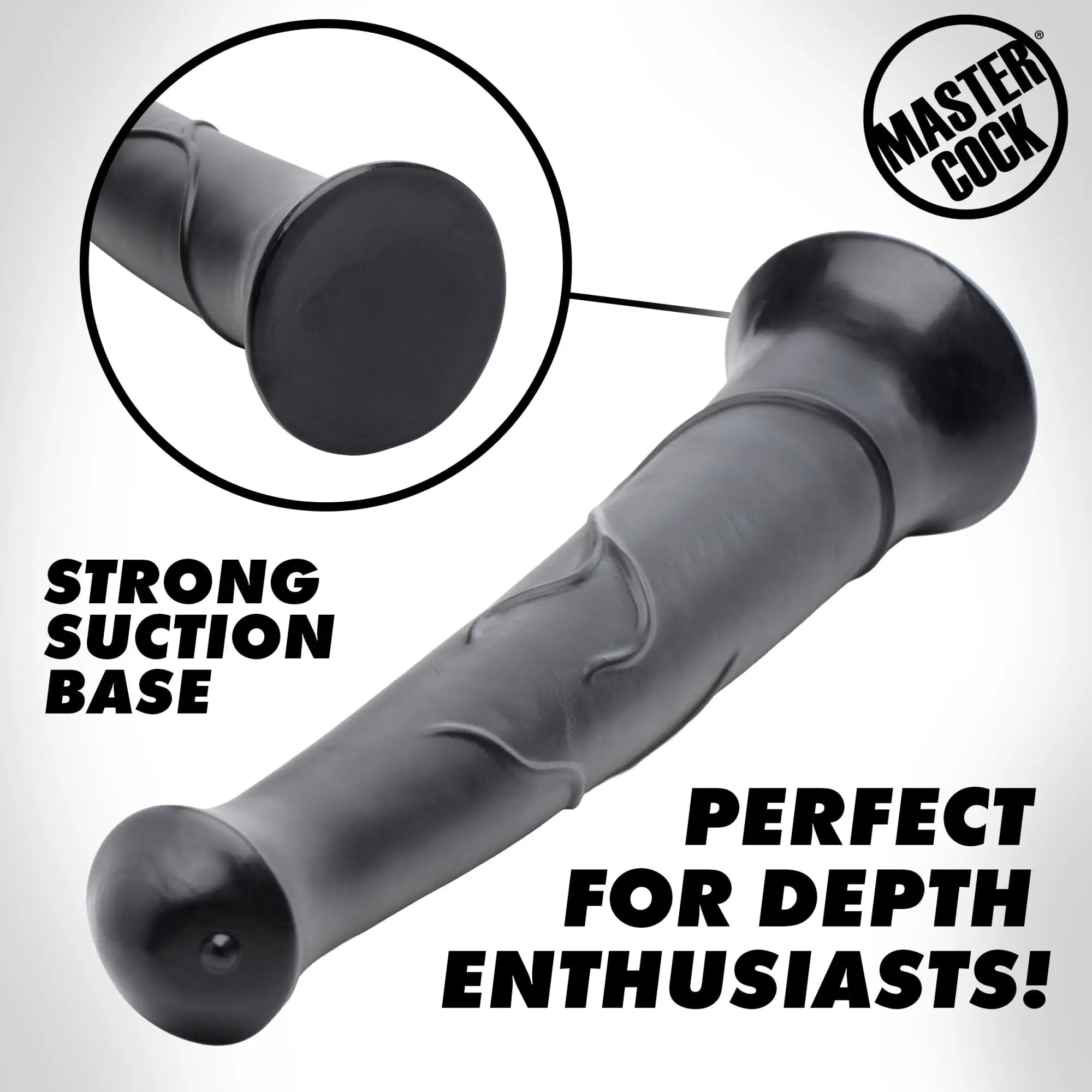 Master Cock Pony Boy 17-inch black horse dildo with textured shaft, bulbous head, and a large suction cup base.