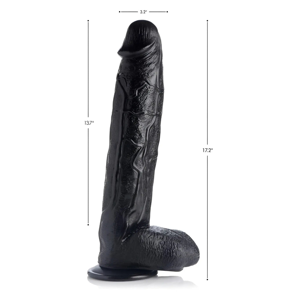 Master Cock Raging Rhino 17-inch black dildo featuring realistic, highly veiny texture and a suction cup base.