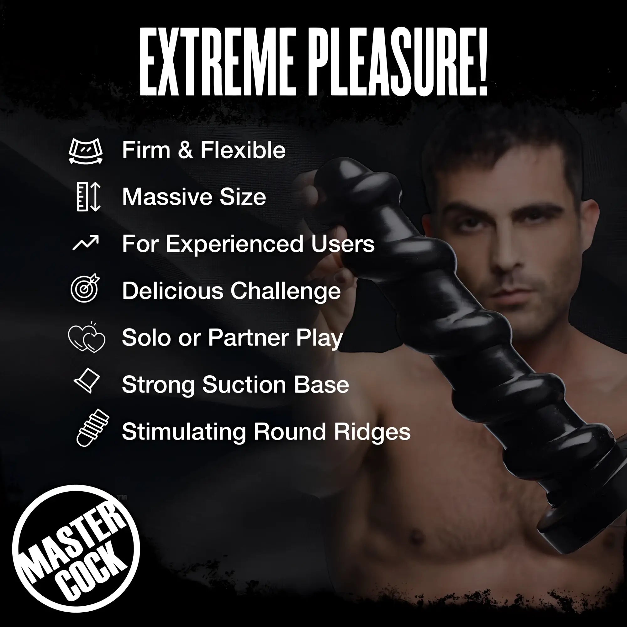 Master Cock Screw Dildo: Black, spiral-ridged dildo with a suction base shown next to a man with benefit text list.