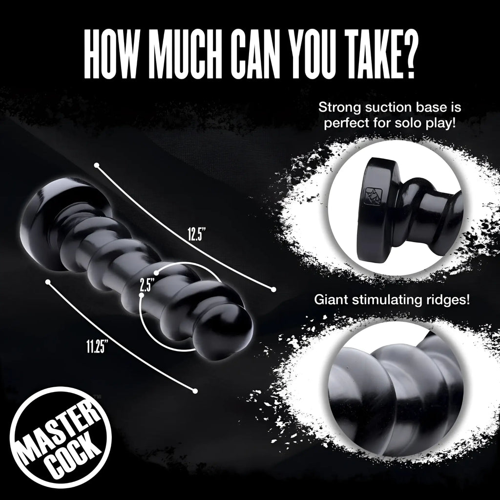 Master Cock Screw Dildo: Black, spiraled textured dildo with suction base. Includes dimension labels (12.5" x 2.5").