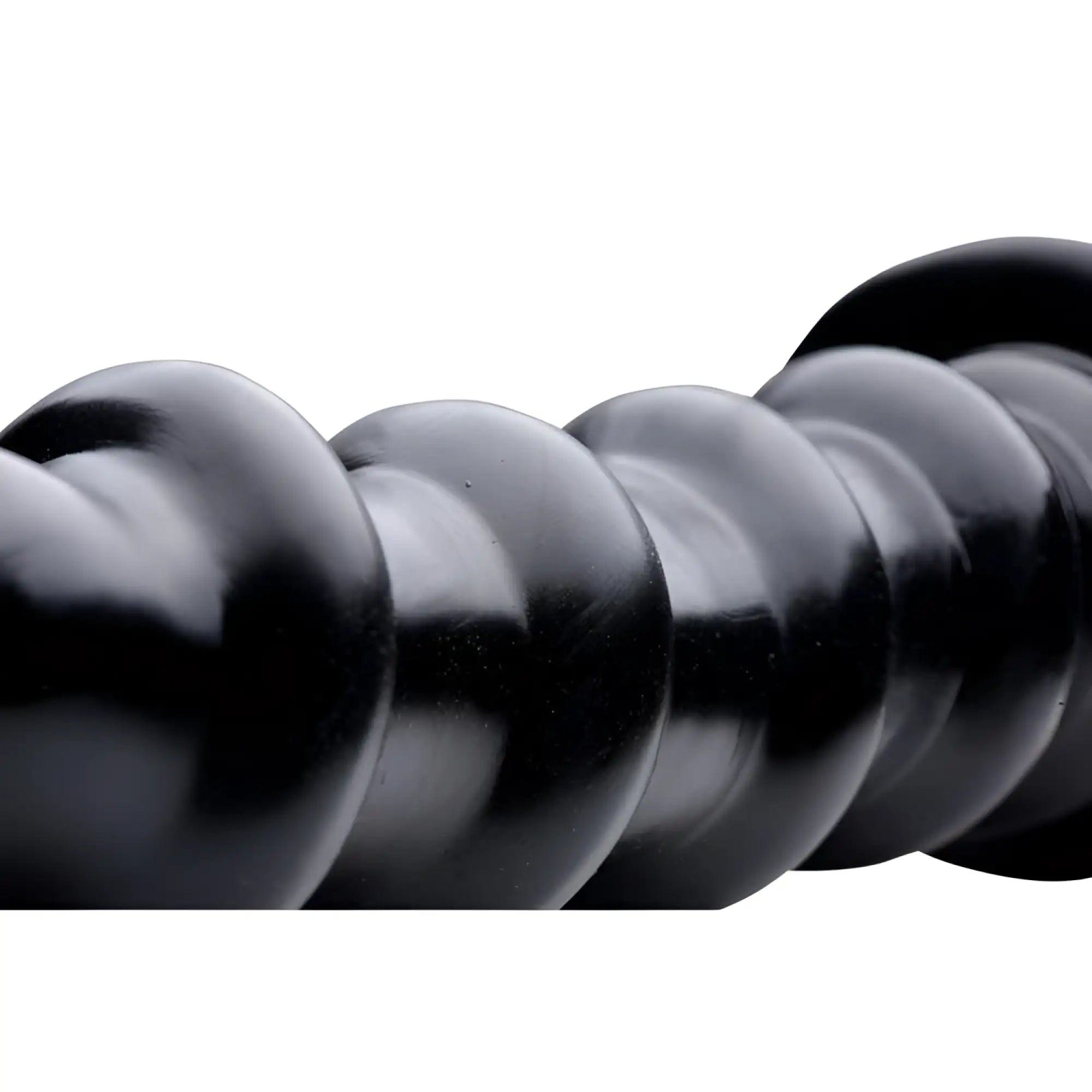 Black Master Cock Screw dildo featuring a shiny, segmented, spiral-textured surface.