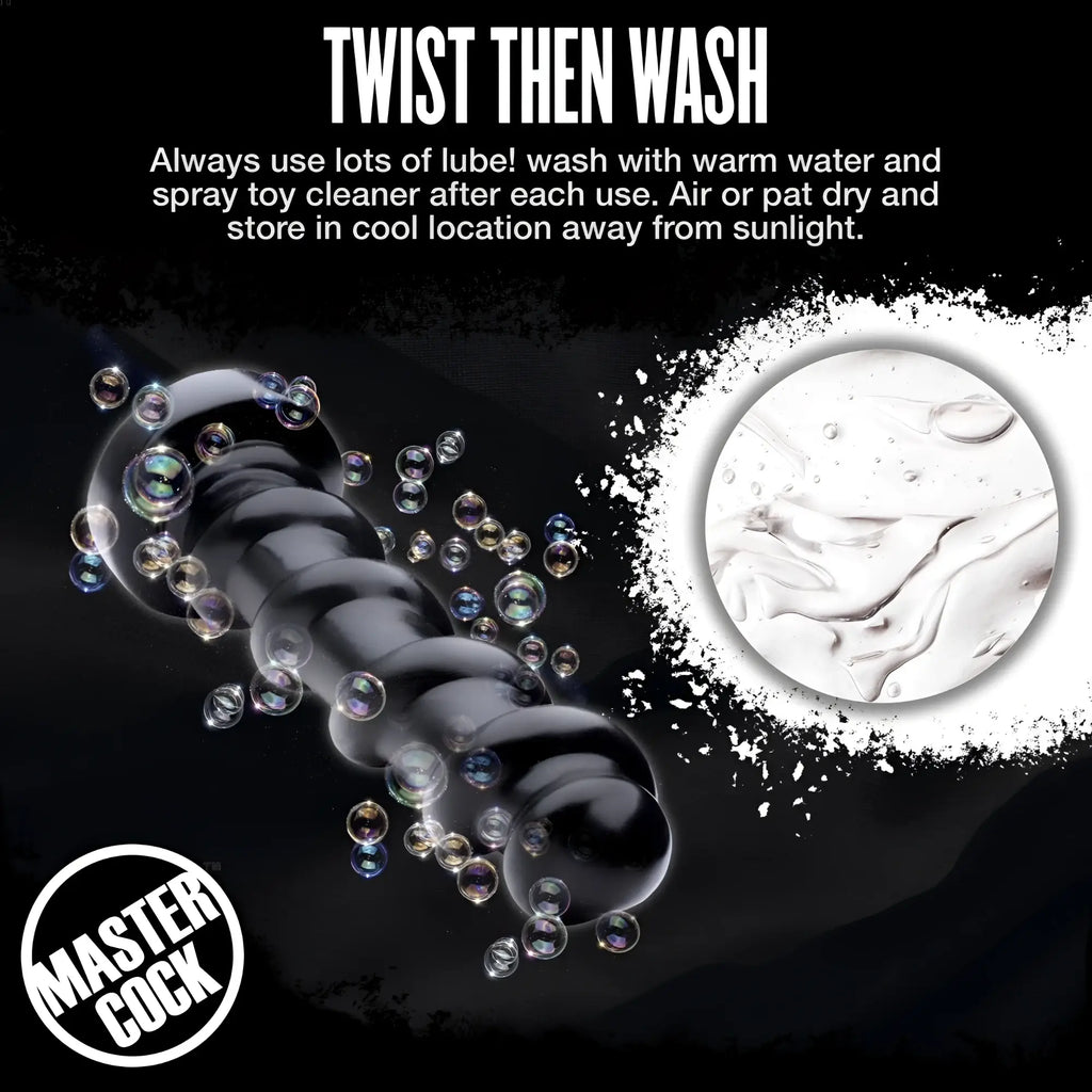Master Cock Screw Dildo: Black, spiral-textured dildo surrounded by soap bubbles, with care instructions.