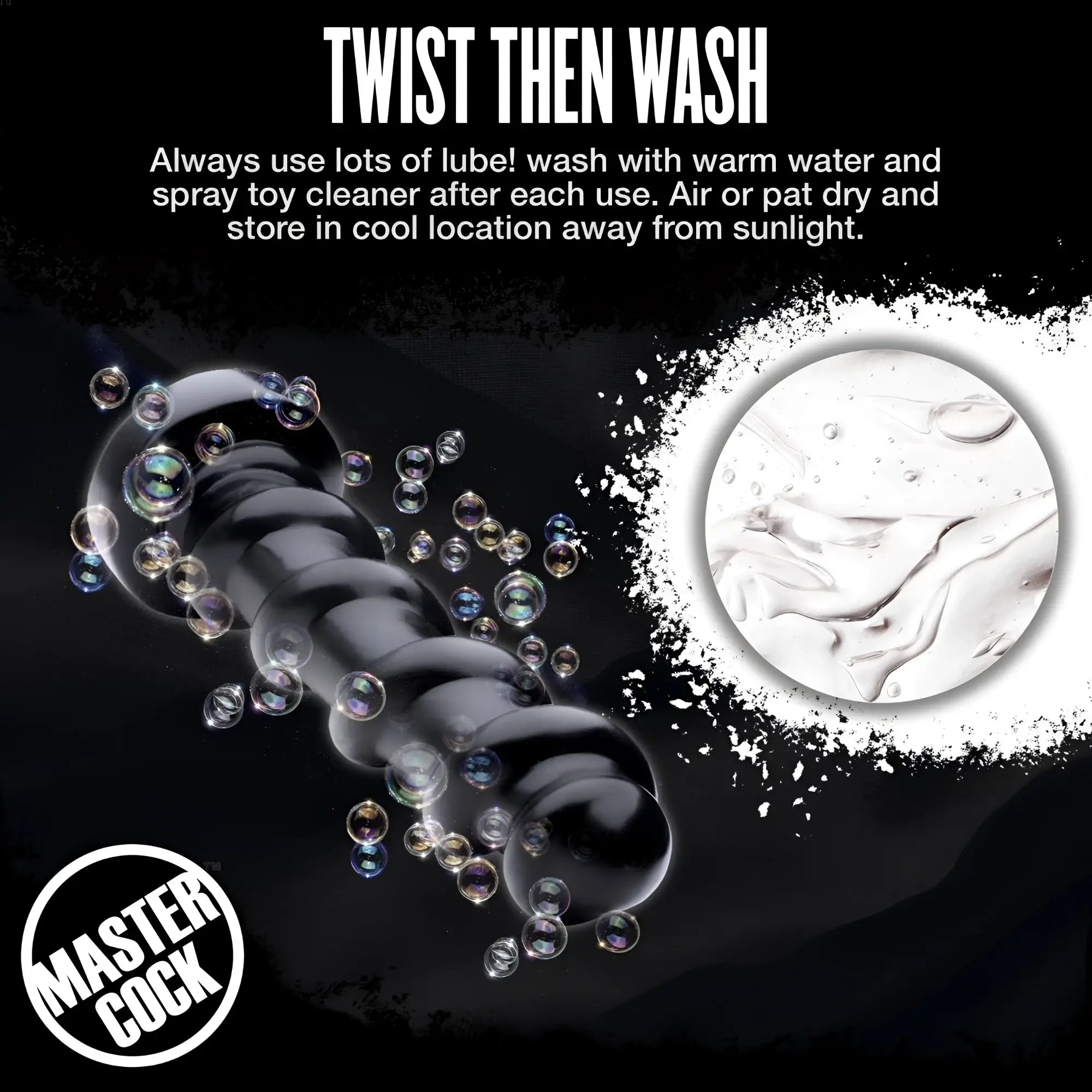Master Cock Screw Dildo: Black, spiral-textured dildo surrounded by soap bubbles, with care instructions.