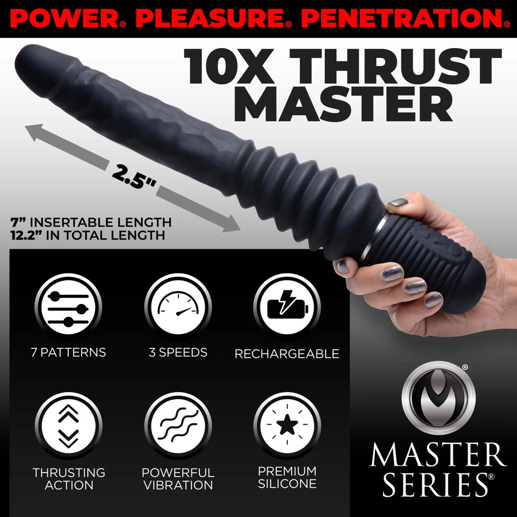 Black Master Series silicone vibrating and thrusting dildo held in hand, showing dimensions and feature icons.