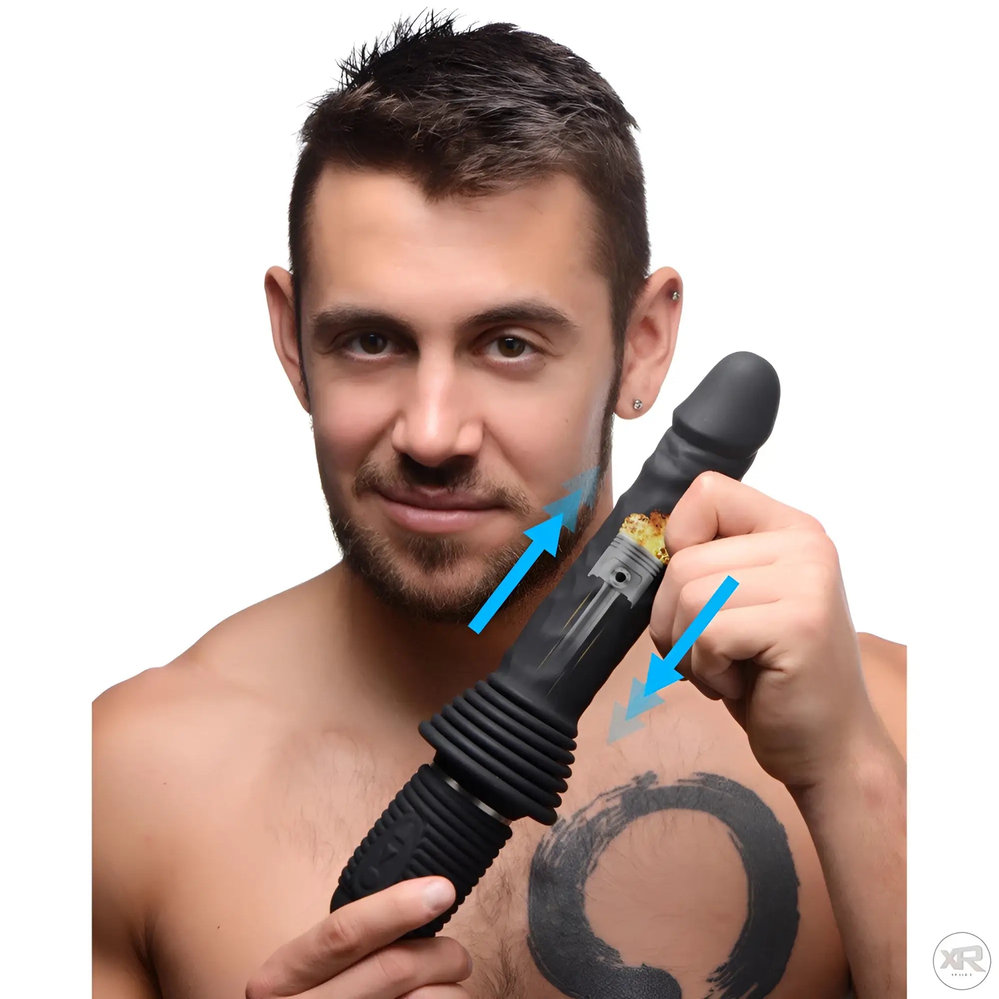 Man holding a black Master Series 10X silicone vibrating and thrusting dildo with a piston graphic and blue arrows.