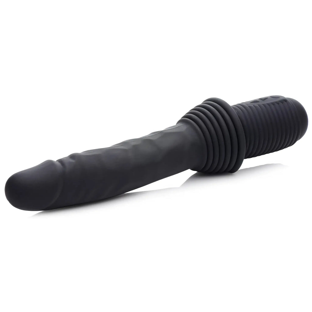 Master Series 10X black silicone dildo with a textured, undulating shaft, ribbed base, and control handle.