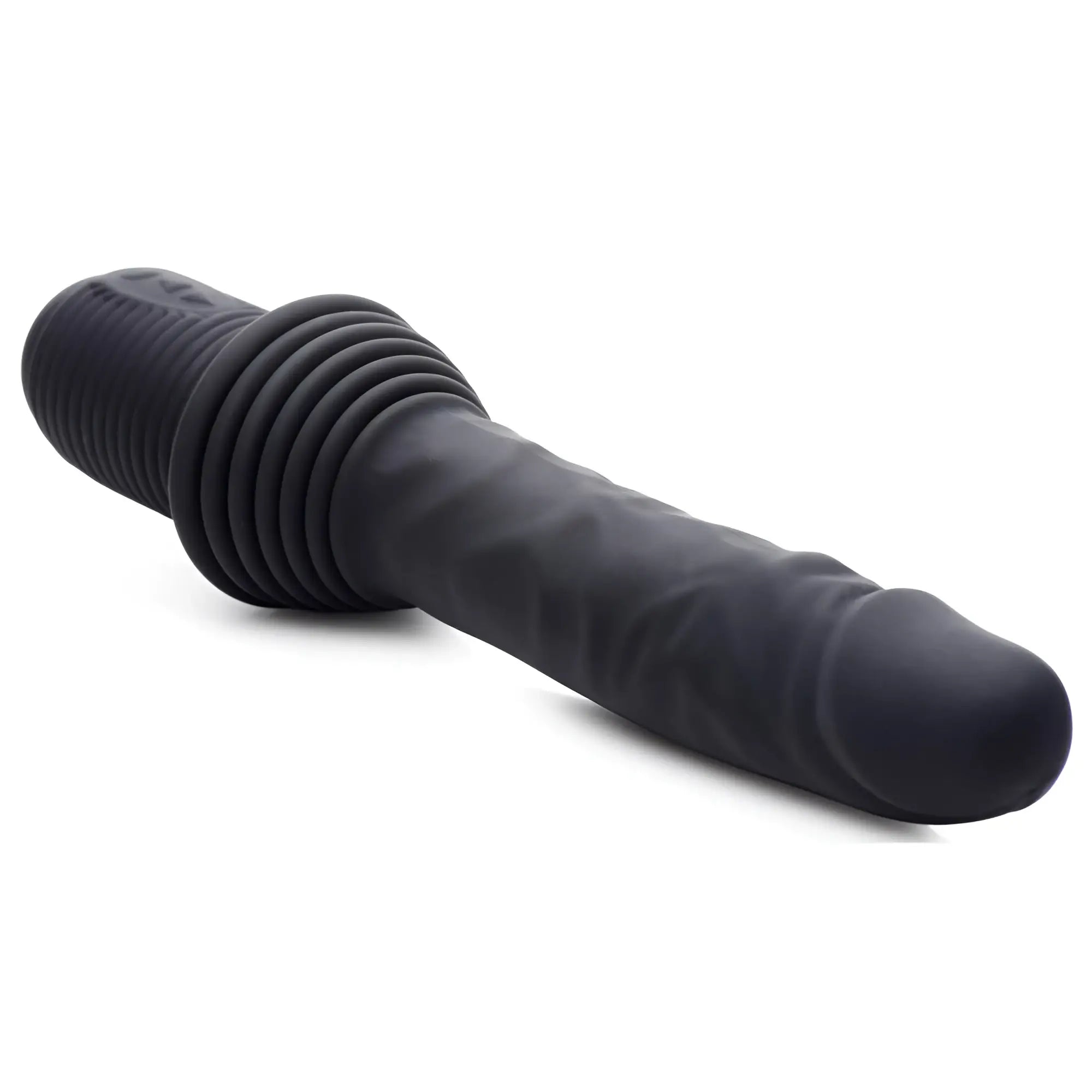 Master Series 10X black silicone dildo with a textured, realistic shaft and a wide, ribbed base against a white background.