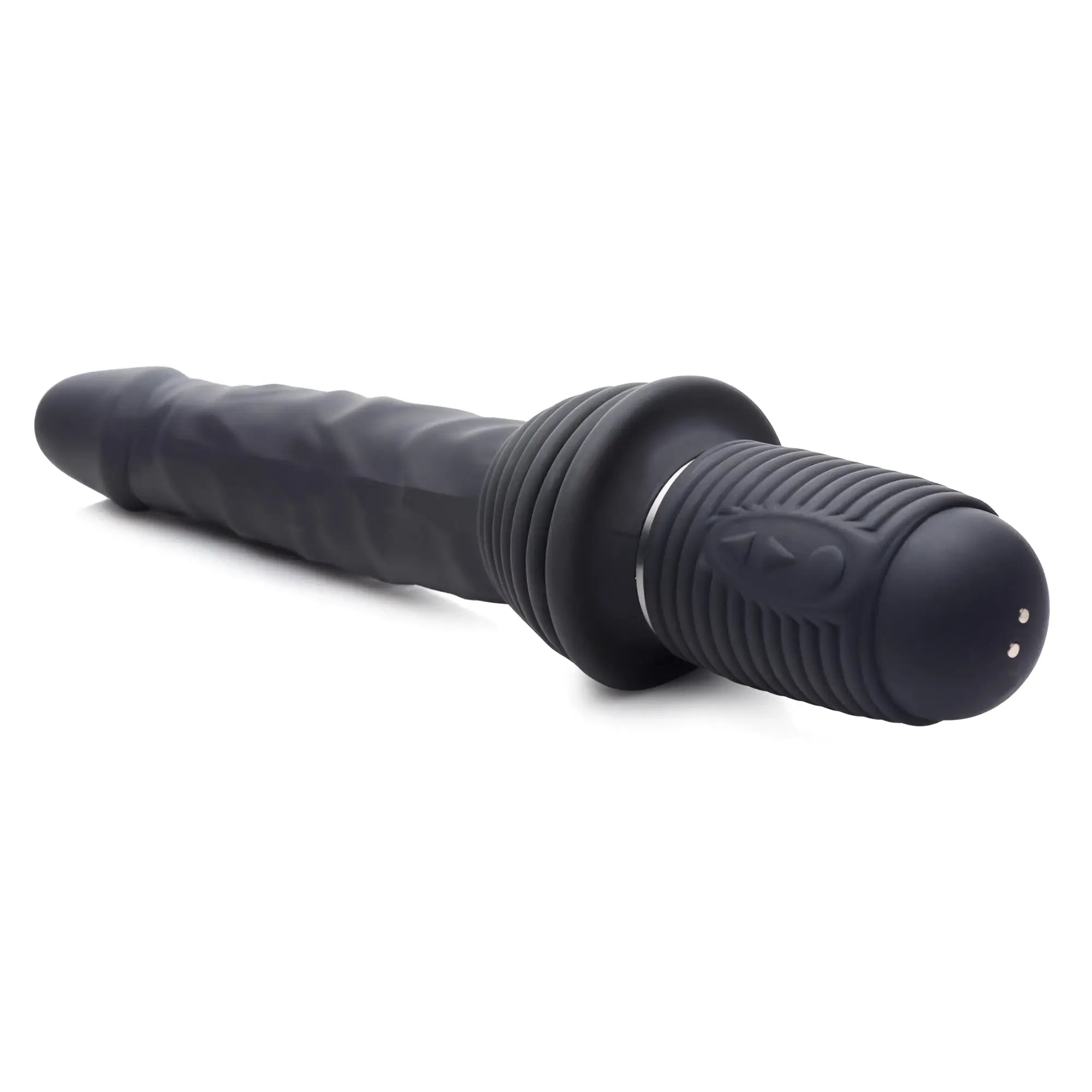 Master Series 10X black silicone vibrating, thrusting dildo with a textured, phallic-shaped shaft and ribbed base.
