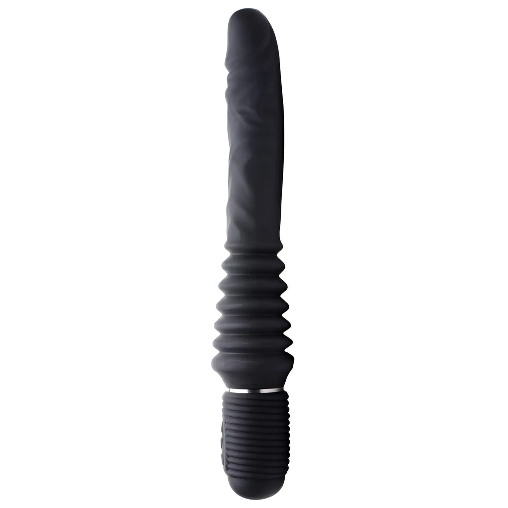 Master Series 10X black silicone dildo with a textured, realistic shaft, ridged mid-section, and ribbed base.