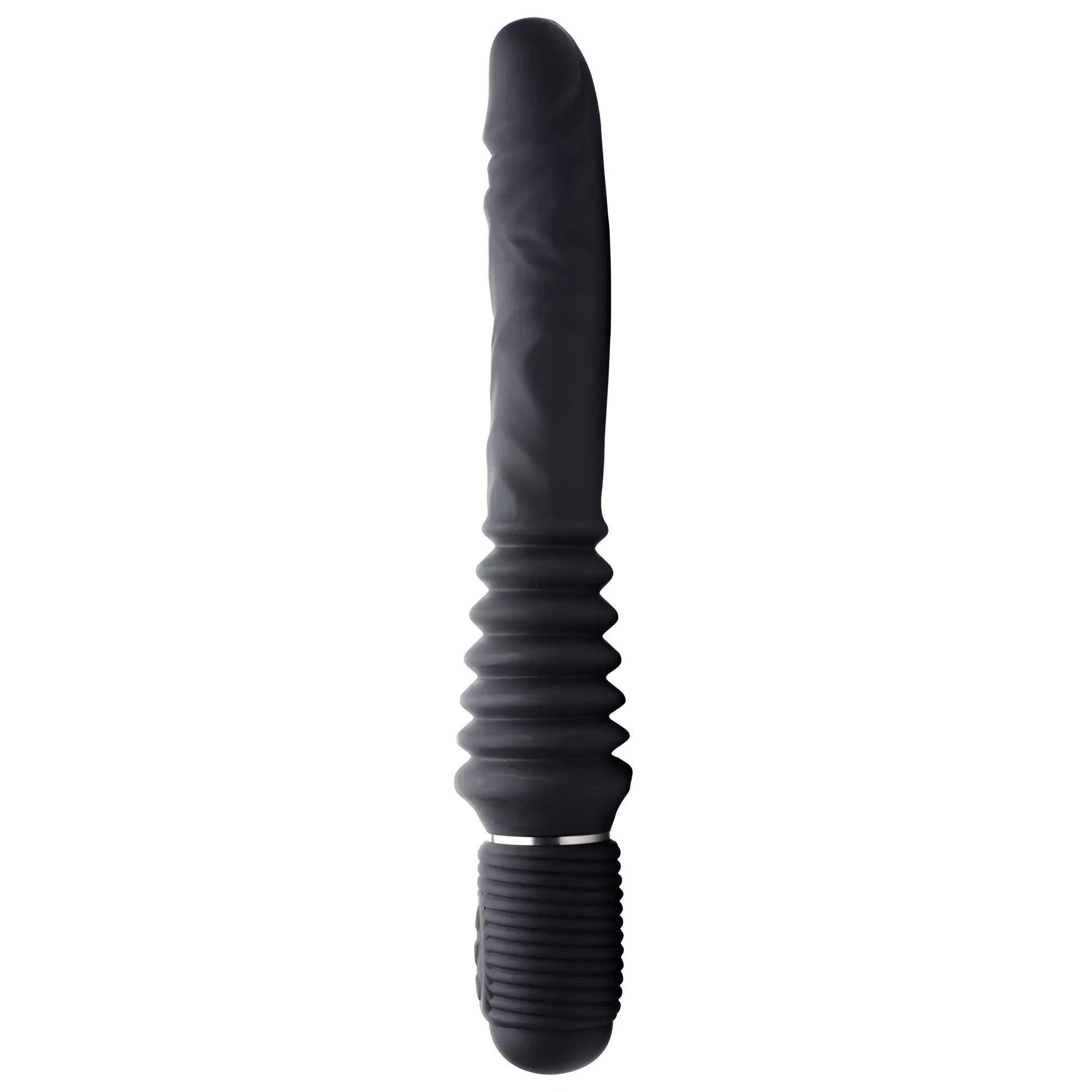 Master Series 10X black silicone dildo with a textured, realistic shaft, ridged mid-section, and ribbed base.