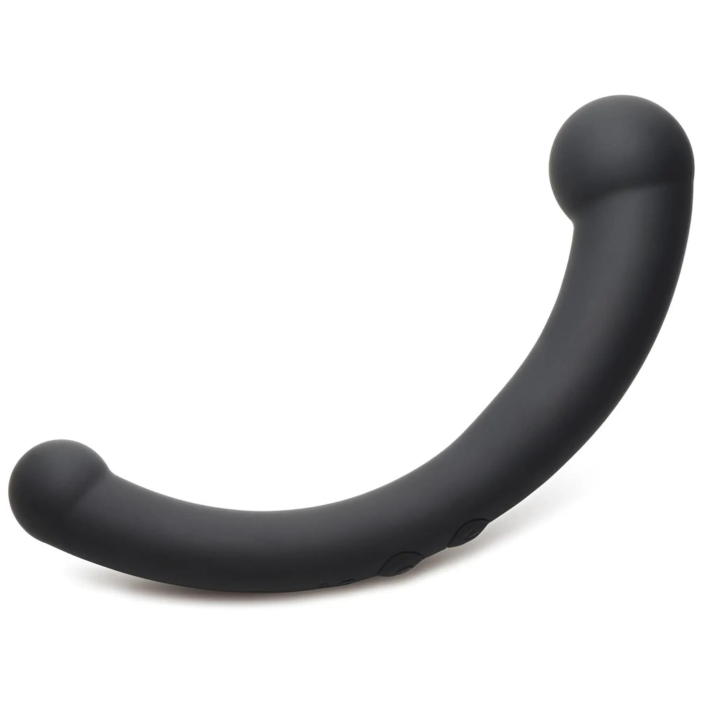 Master Series 10X Vibra-Crescent: A curved, matte black, silicone dual-ended dildo with small control buttons.