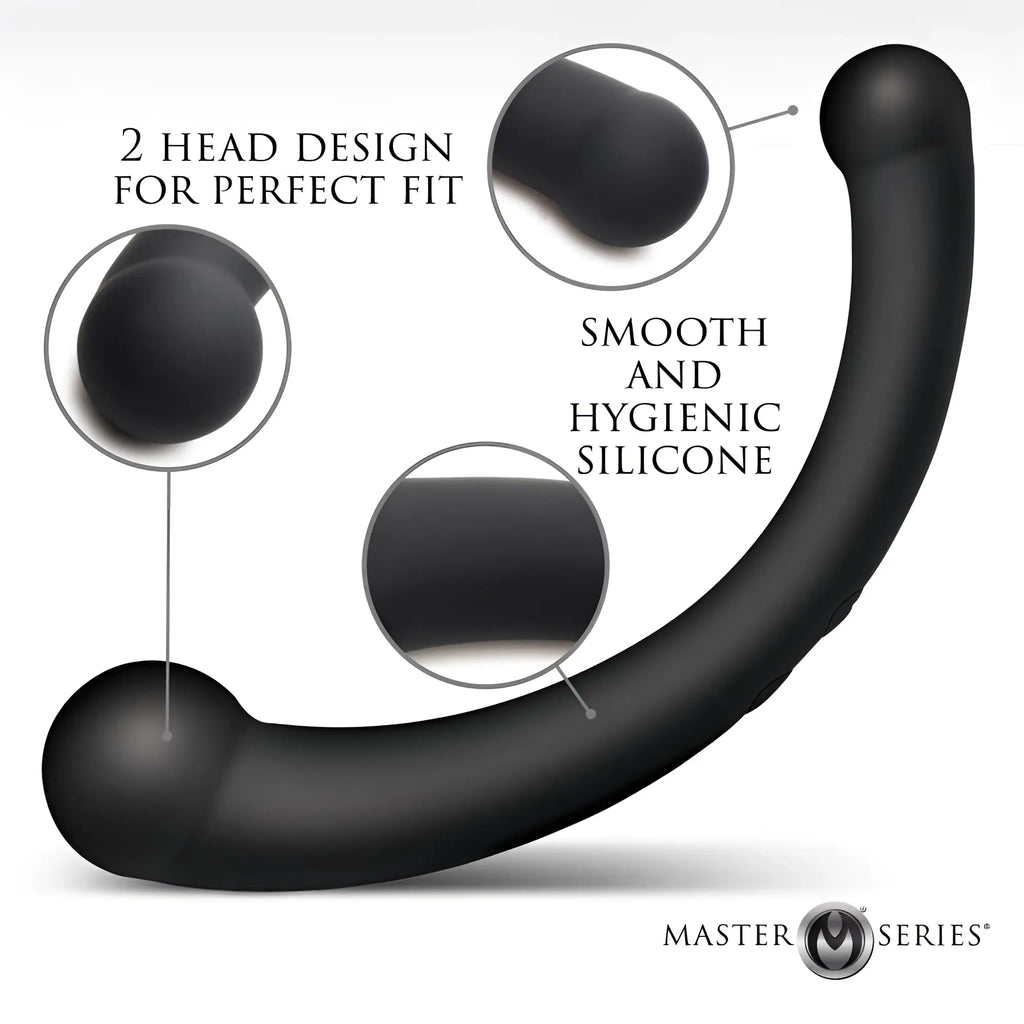 Master Series 10X Vibra-Crescent: a black, crescent-shaped, dual-ended silicone dildo with smooth, rounded tips.