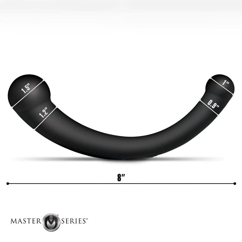 Master Series 10X Vibra-Crescent: a black, curved, silicone dual-ended dildo shown with dimensions on a white background.