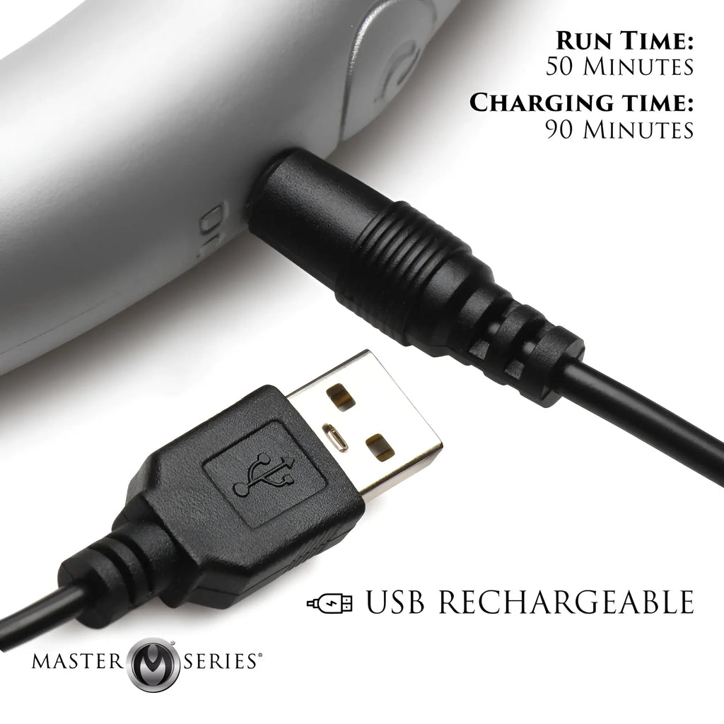 Master Series 10X Vibra-Crescent charging via a black USB cable, highlighting 50-minute run time and 90-minute charge.