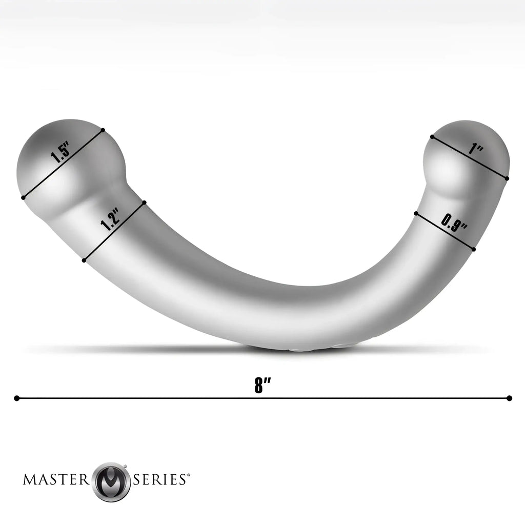 Master Series 10X Vibra-Crescent, a grey, crescent-shaped, dual-ended silicone dildo with labeled dimension measurements.