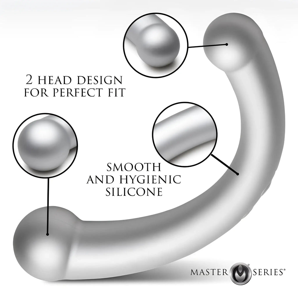 Master Series 10X Vibra-Crescent: A smooth, silver-grey, crescent-shaped dual-ended silicone dildo with two round heads.