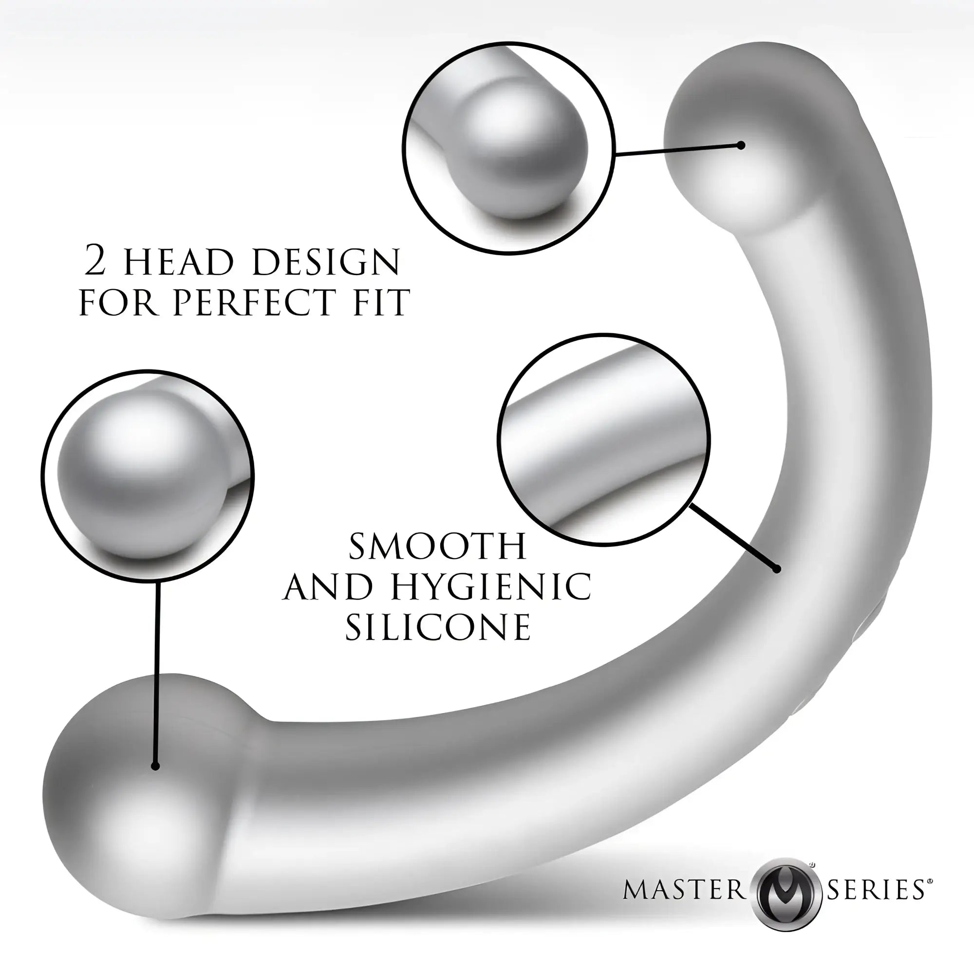 Master Series 10X Vibra-Crescent: A smooth, silver-grey, crescent-shaped dual-ended silicone dildo with two round heads.