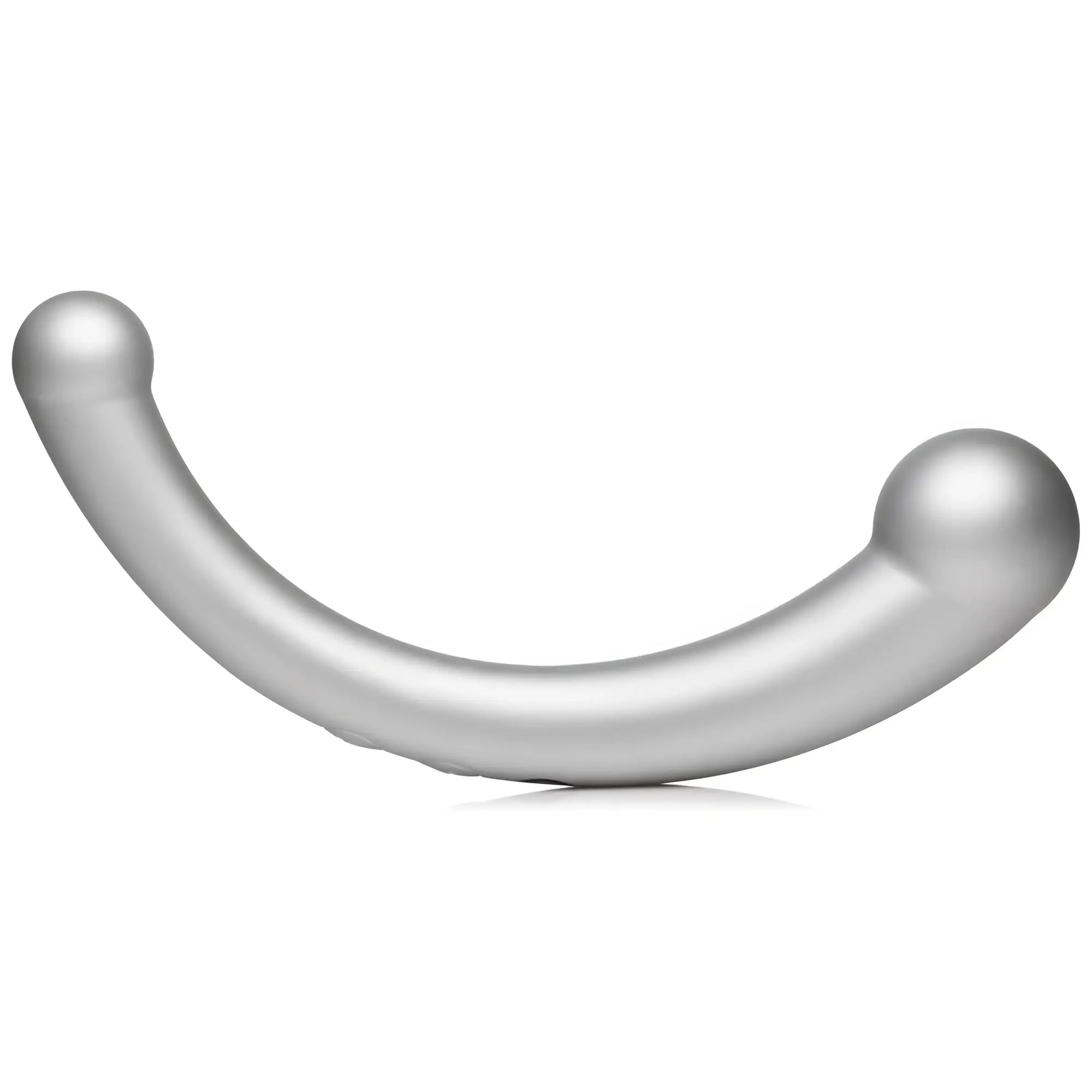 Master Series 10X Vibra-Crescent: A smooth, silver, crescent-shaped dual-ended vibrating silicone dildo.