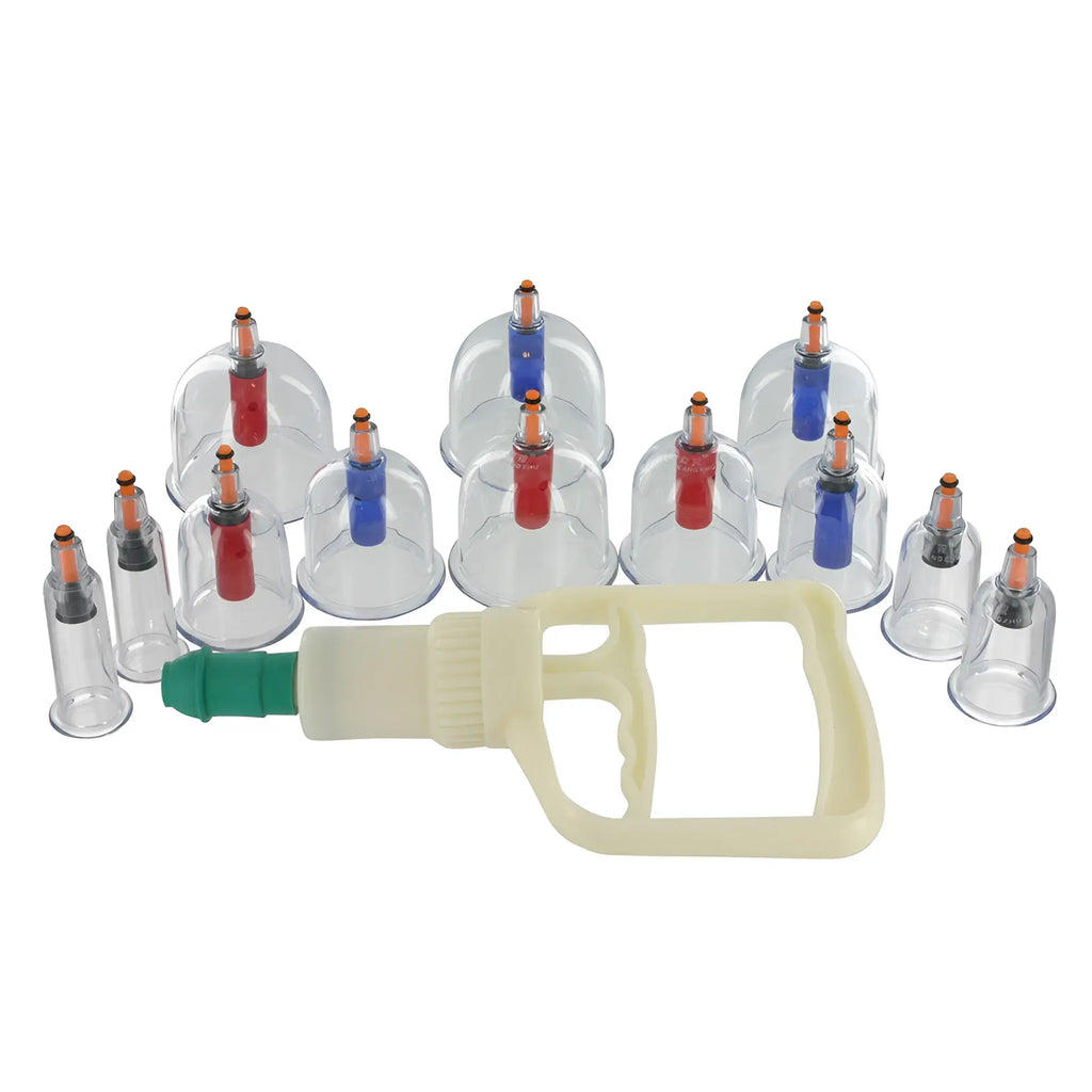 Master Series 12pc Cupping Kit featuring clear plastic suction cups with red, blue, and black inserts and a hand pump.