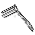 Master Series 3-prong anal speculum in polished chrome, featuring an adjustable handle with a ratcheted mechanism.