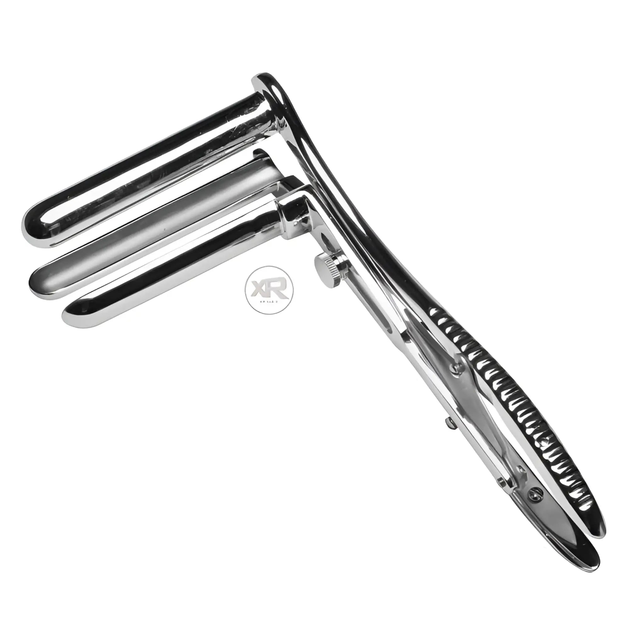 Master Series 3-prong anal speculum in polished chrome, featuring an adjustable handle with a ratcheted mechanism.