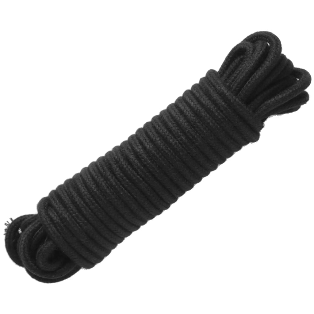 Master Series 32ft black cotton bondage rope, neatly coiled into a thick, textured cylinder on a white background.