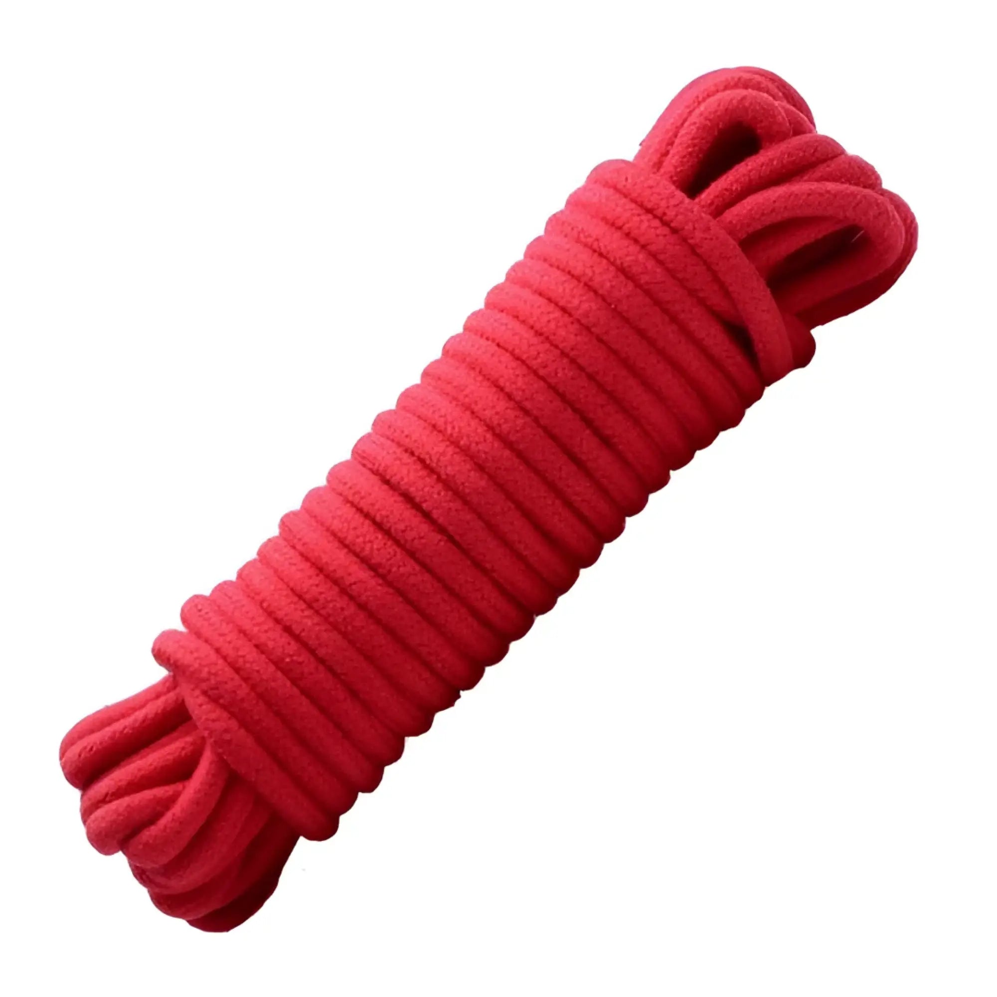 Master Series 32ft cotton bondage rope coiled into a firm, bright red cylinder isolated on a white background.