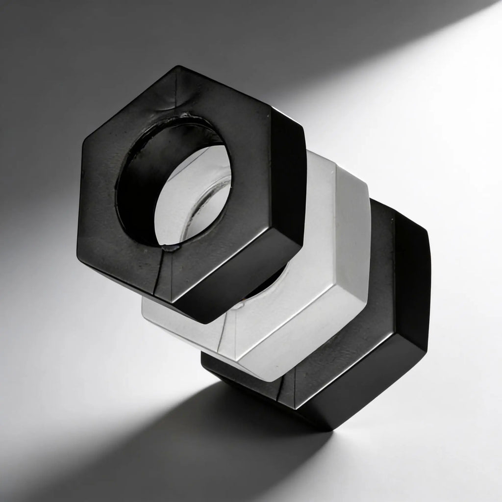 Master Series 3pc Kit: Three hex-nut style rings in black and silver, stacked on a white background.
